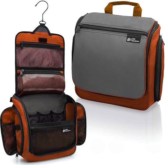 Trousse de toilette D&D Wanderlust avec crochet - Organiseur de voyage de luxe à suspendre avec 10 compartiments - Orange - Unisexe (femmes et hommes) - Capacité de 6 litres - Grande trousse de toilette de voyage à suspendre - Trousse à maquillage