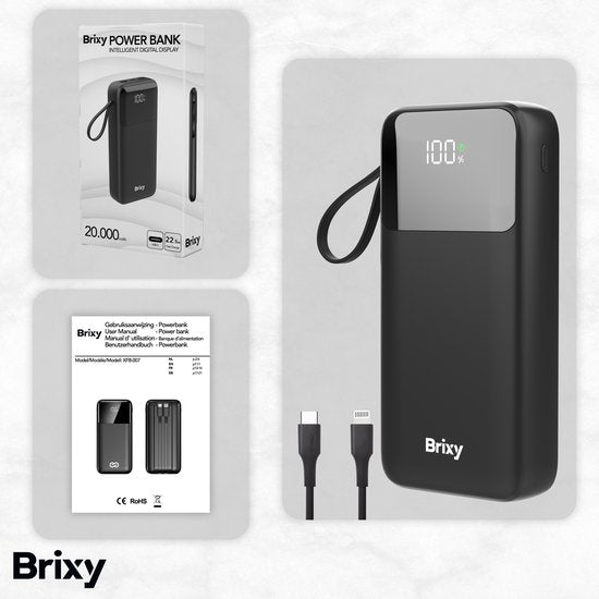 Brixy Powerbank - 20 000 mAh - Chargement rapide 22,5 W - Affichage LED - USB-A/USB-C - Pour iPhone et Samsung, entre autres - Noir