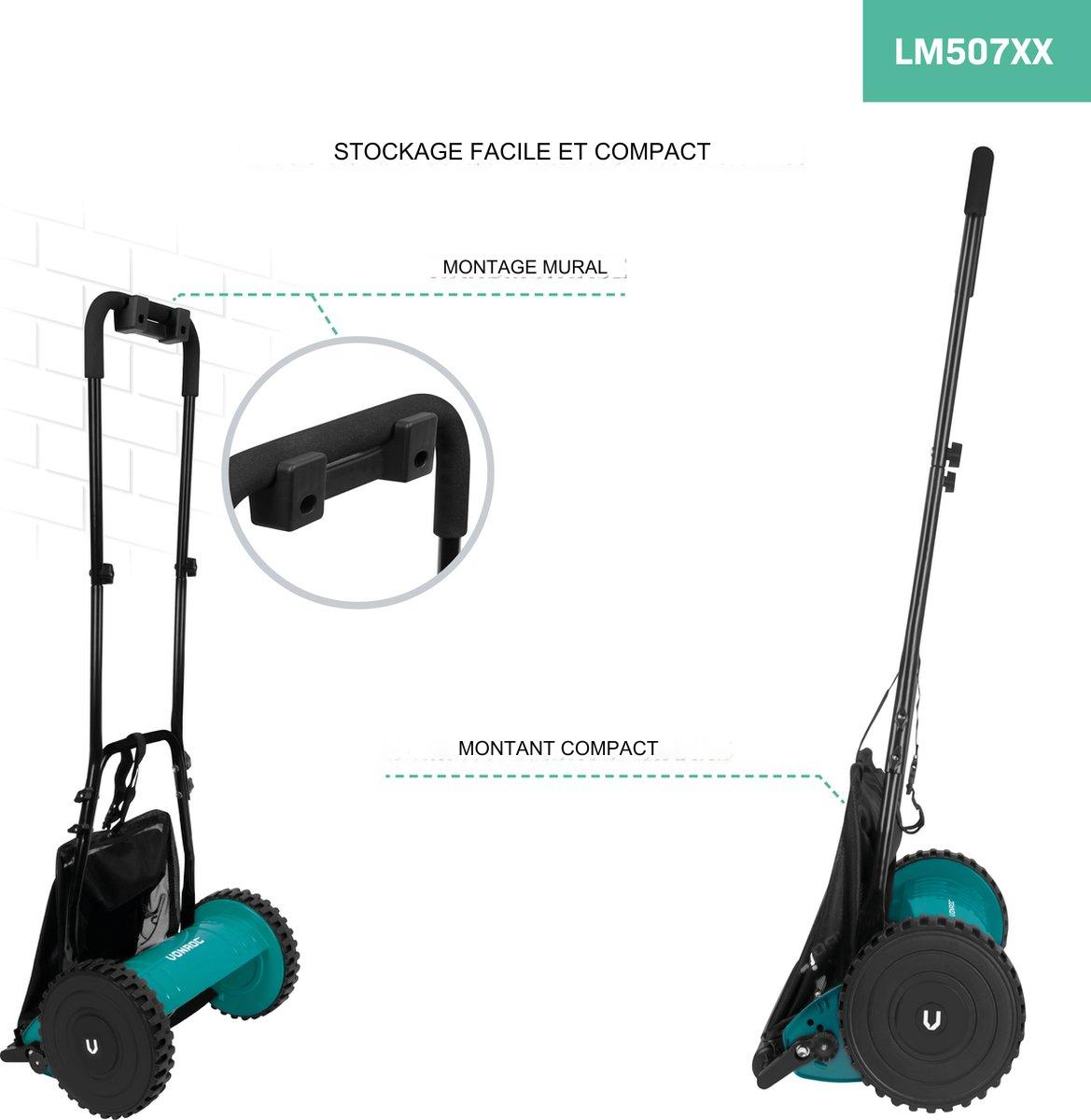 VONROC Tondeuse à main - 300mm - 4 hauteurs de coupe réglables - incl. support mural et sac de ramassage