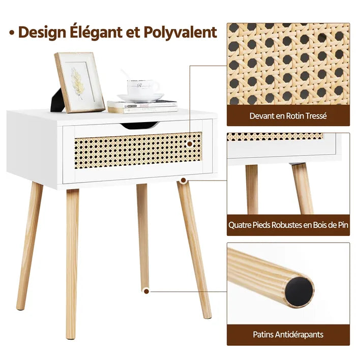 Table de chevet Yaheetech 48,5 x 40 x 57,5 cm - Aspect rotin - 1 tiroir - Blanc