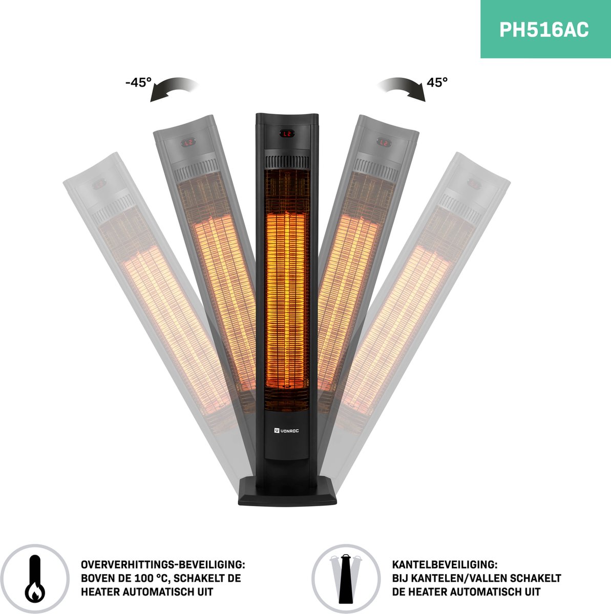 VONROC Chauffe-terrasse Filicudi - Infrarouge - 2000W - Haute efficacité - Elément en carbone - 2 modes de chauffage - Ecran LCD - Télécommande incluse