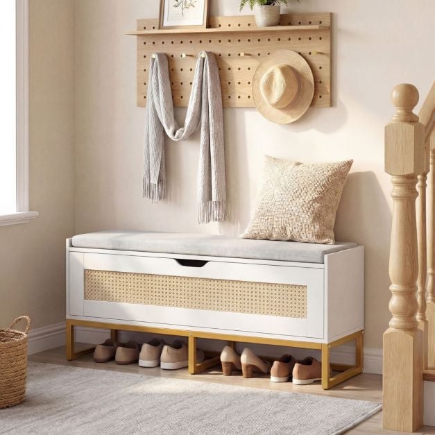 Coast Shoe bench - Rotin - Coussin d'assise - 100 x 35 x 44 cm - Blanc