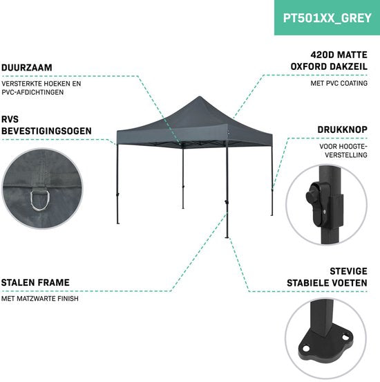 VONROC Party Tent - 3x3 m - Premium easy-up Party Tent - Modular Design - Pliable - Imperméable - Structure en acier - 50+ UV Protection - Sac de rangement inclus - Gris
