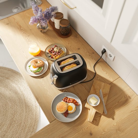 KitchenBrothers Retro Toaster - Grille-pain - 6 niveaux de chaleur - 2 fentes extra-larges - 815W - Noir