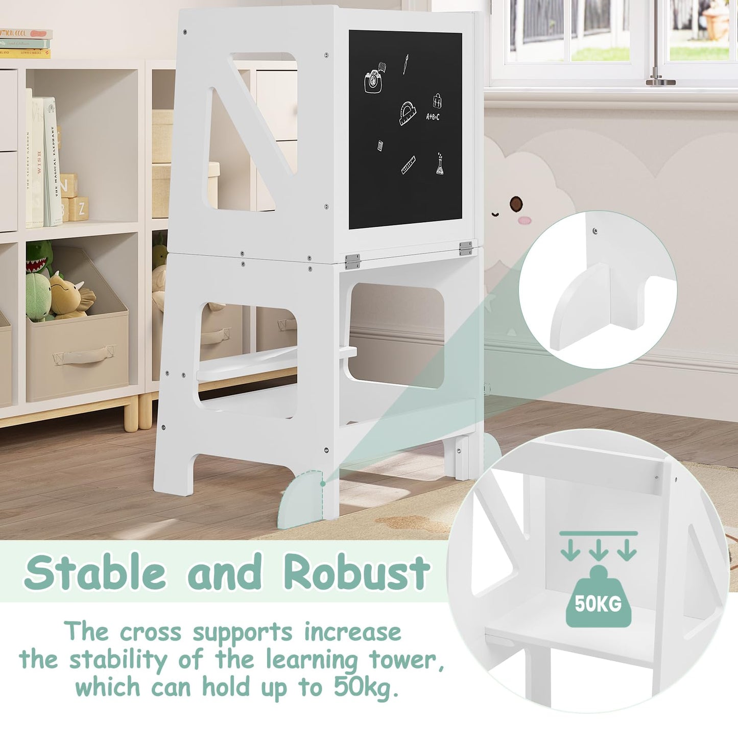 Woltu Learning Tower - 3-en-1 - Pliable - 35 x 86 x 45 cm - Blanc