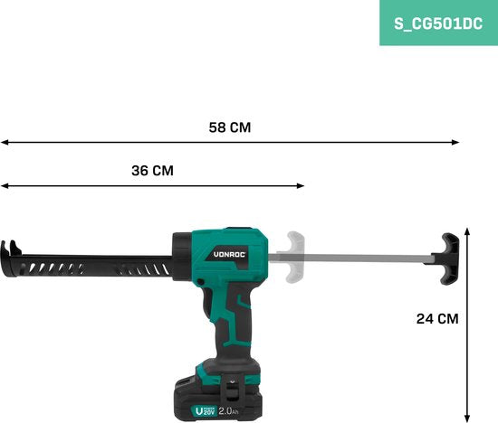 Pistolet à mastic sans fil VONROC 20 V - force de poussée 1,18 kN/120 kg - avec réglage de vitesse variable - compatible avec toutes les cartouches de mastic courantes - Batterie 2,0 Ah et chargeur rapide inclus