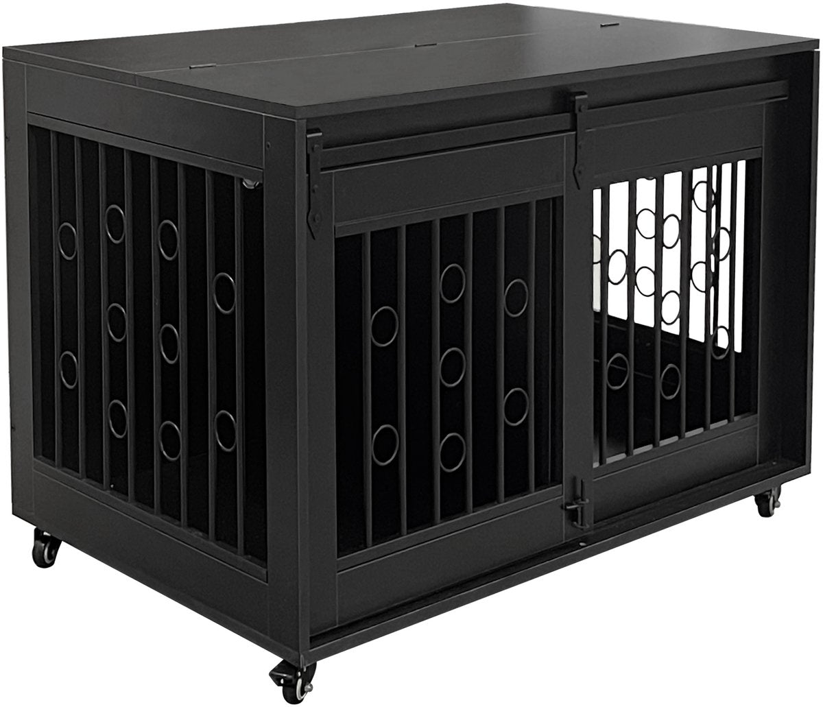 HuisenDier niche sur roues - banc pour 2 chiens - mobile - 2 espaces séparés - chiot et petit chien - noir
