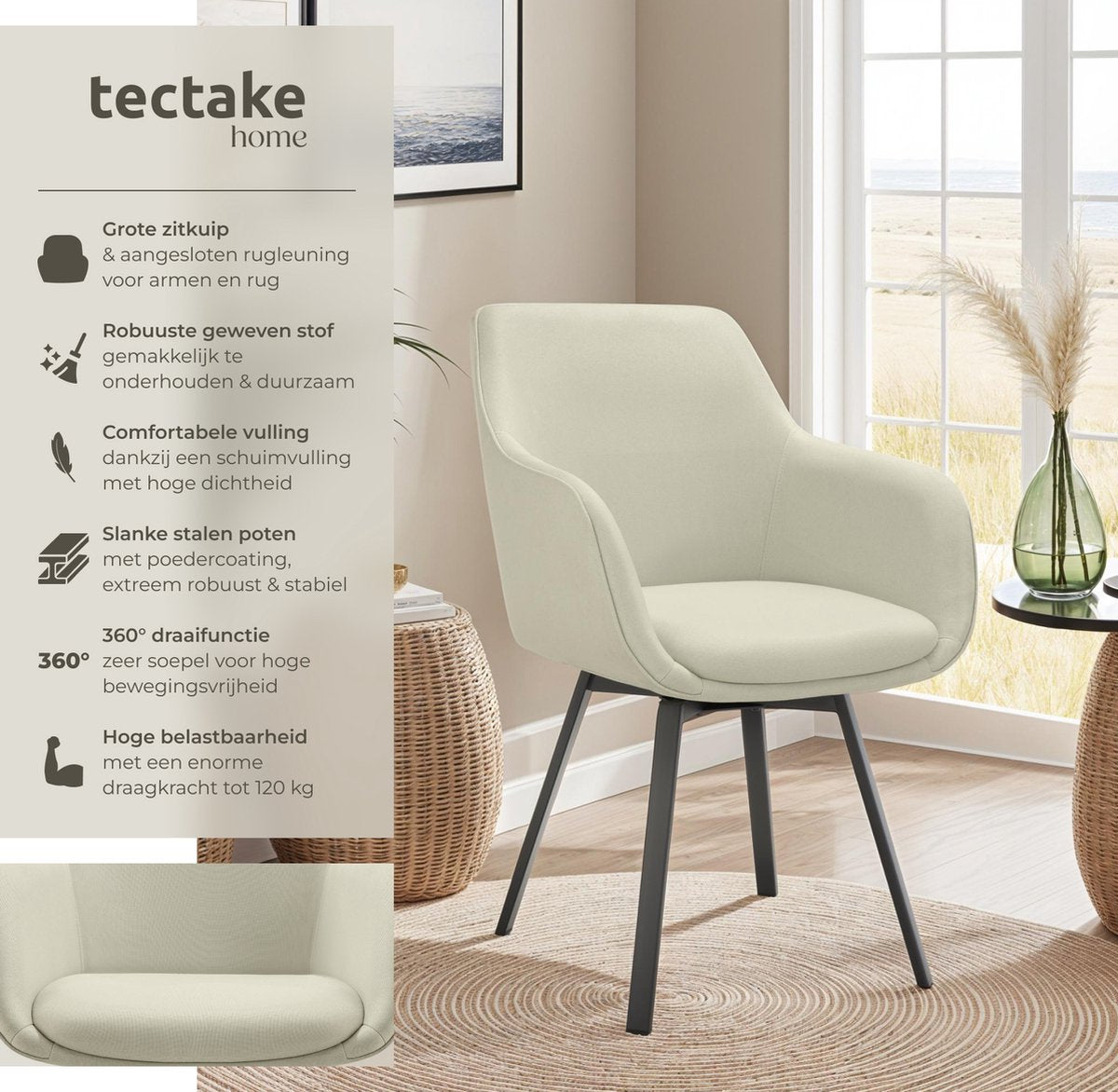tectake® Chaise de salle à manger pivotante Alicon 57x59x88 cm - Lot de 2 - Beige - Design élégant et confortable pour la salle à manger, le salon ou le bureau