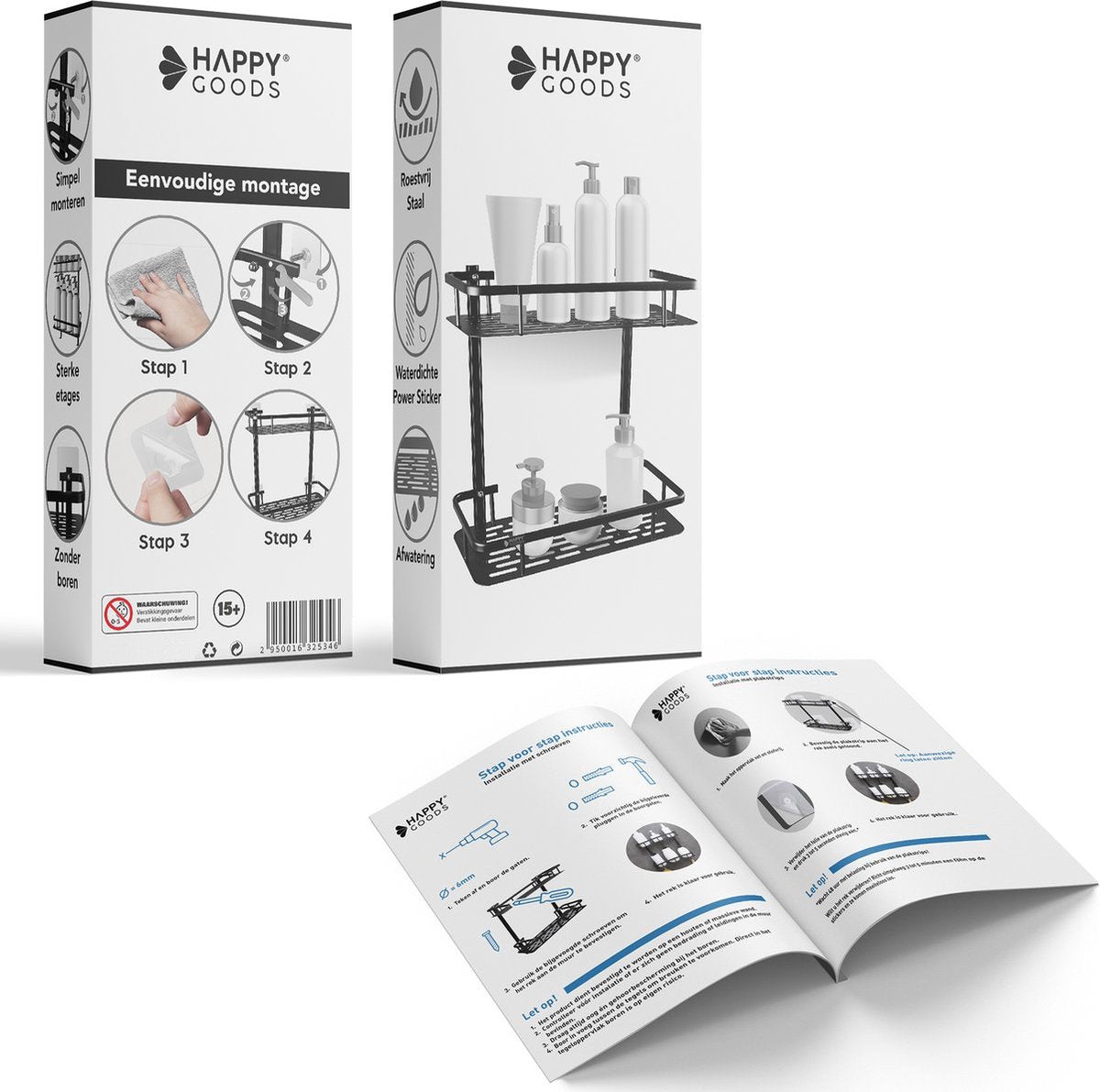 Happy Goods® Support de douche - 2 couches - sans perçage - acier inoxydable - auto-adhésif - capacité de charge de 20 kg - support de salle de bain noir