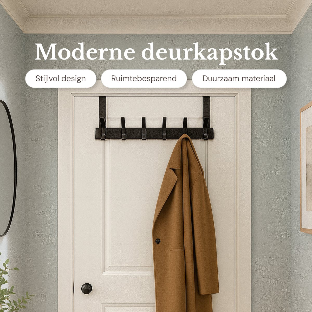 O'DADDY® Porte-manteau - 6 crochets - Crochet de porte - Cintre de porte - Porte-manteau suspendu - Crochet suspendu - Fixation avec du ruban adhésif 3M - Design industriel - Noir