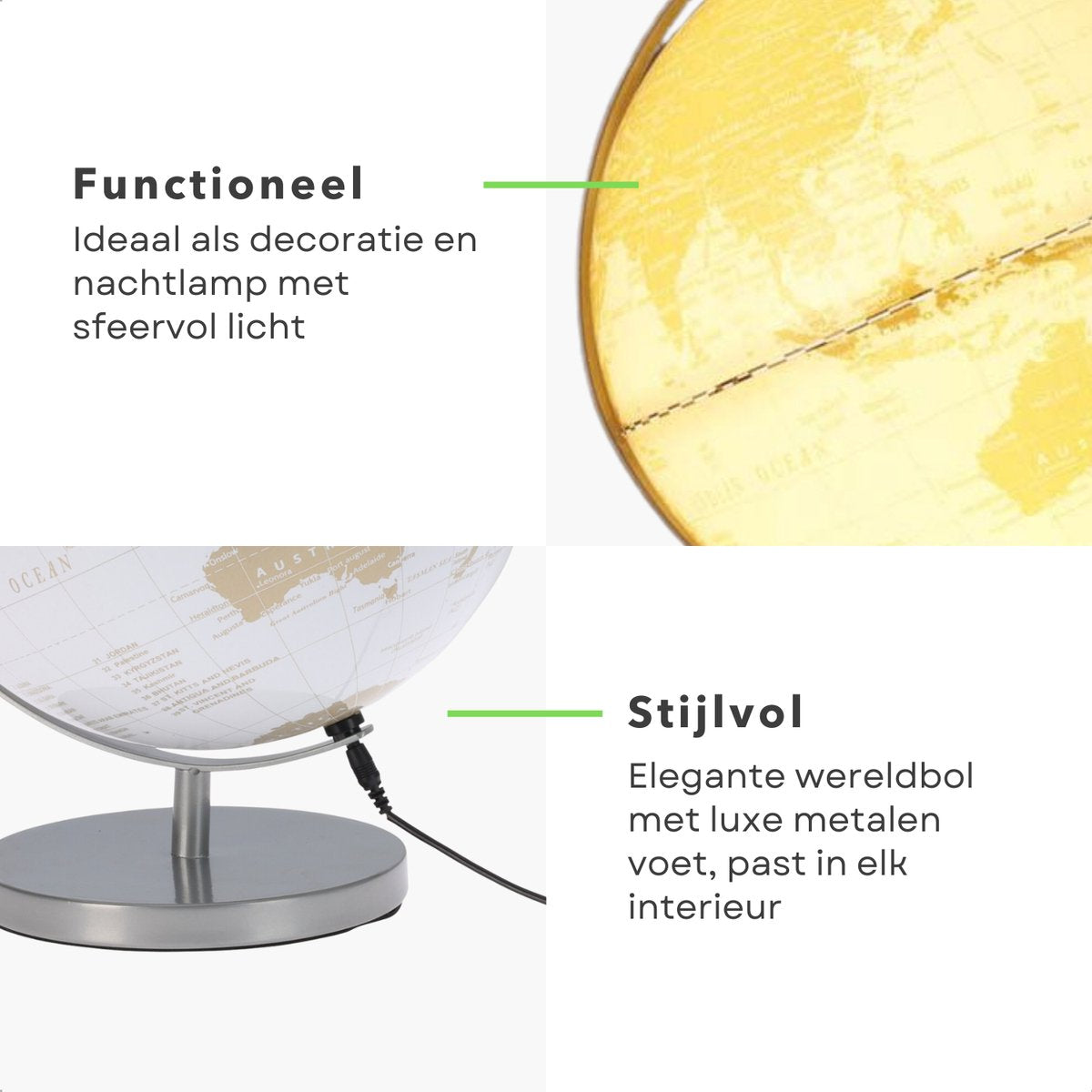 Cheqo® Lampe Globe 31 cm - Globe LED avec éclairage - Or blanc - Lampe Globe USB décorative