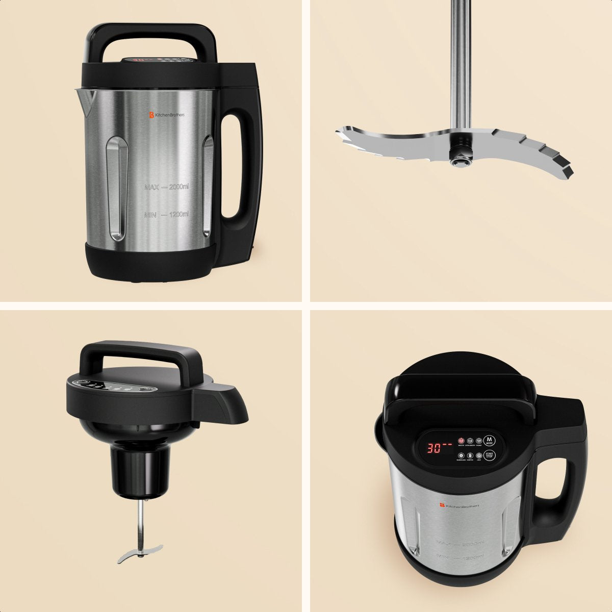 KitchenBrothers Machine à soupe - 2L - 5 programmes - affichage de la minuterie - mixeur - acier inoxydable/noir