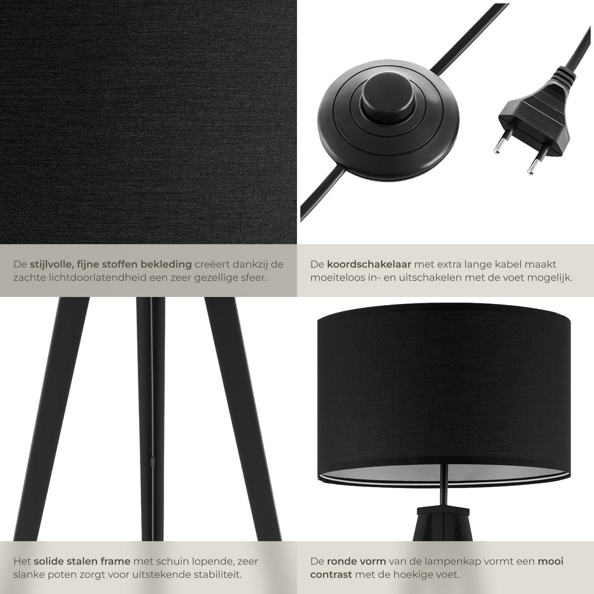 tectake® Lampadaire - Lampadaire 3 pieds - Hauteur 158 cm - Abat-jour aspect lin - Interrupteur à pied - Noir
