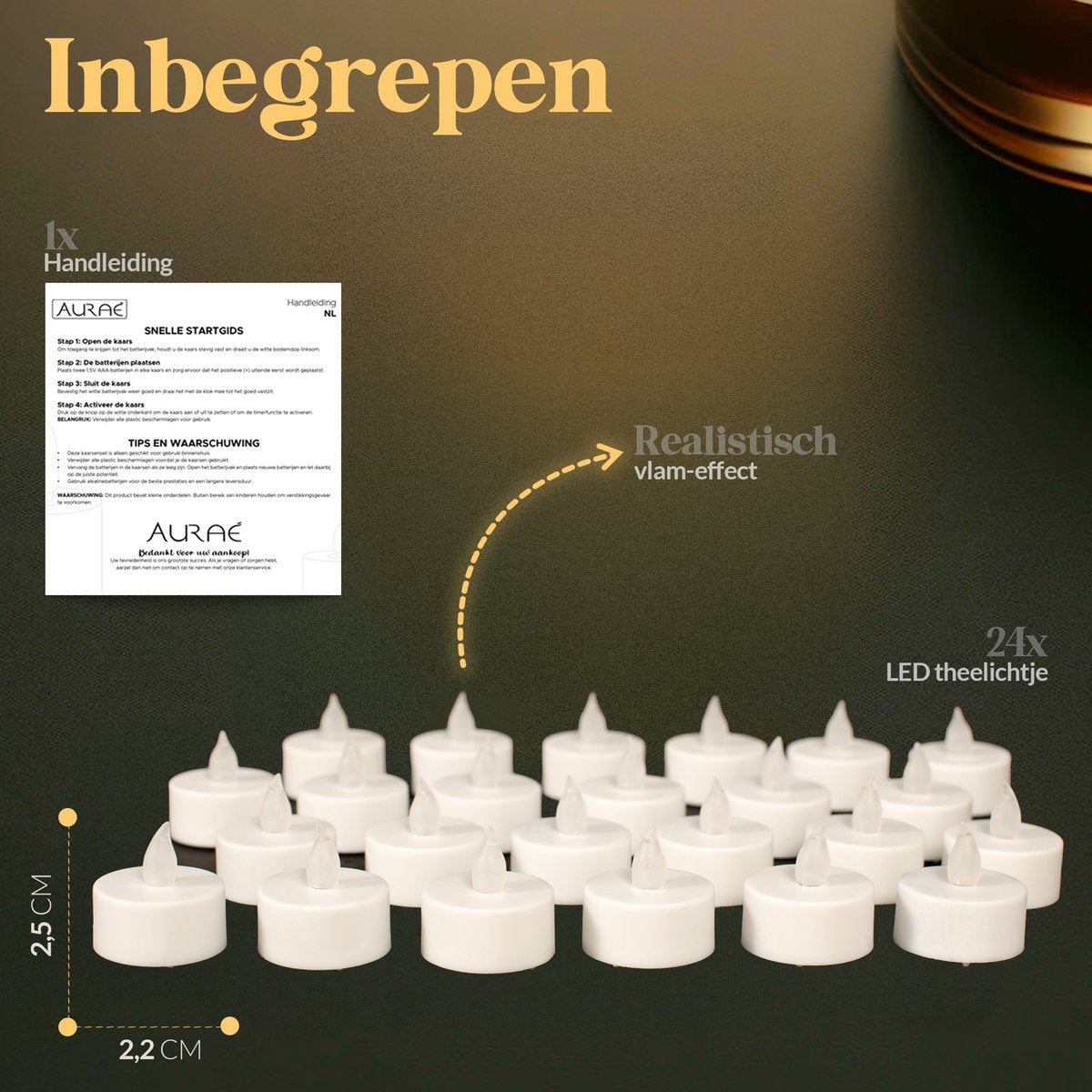 Aurae Led Tea Lights - 24x White - 3.7x3.8 cm - Lumières de thé alimentées par piles avec 60+ heures de combustion