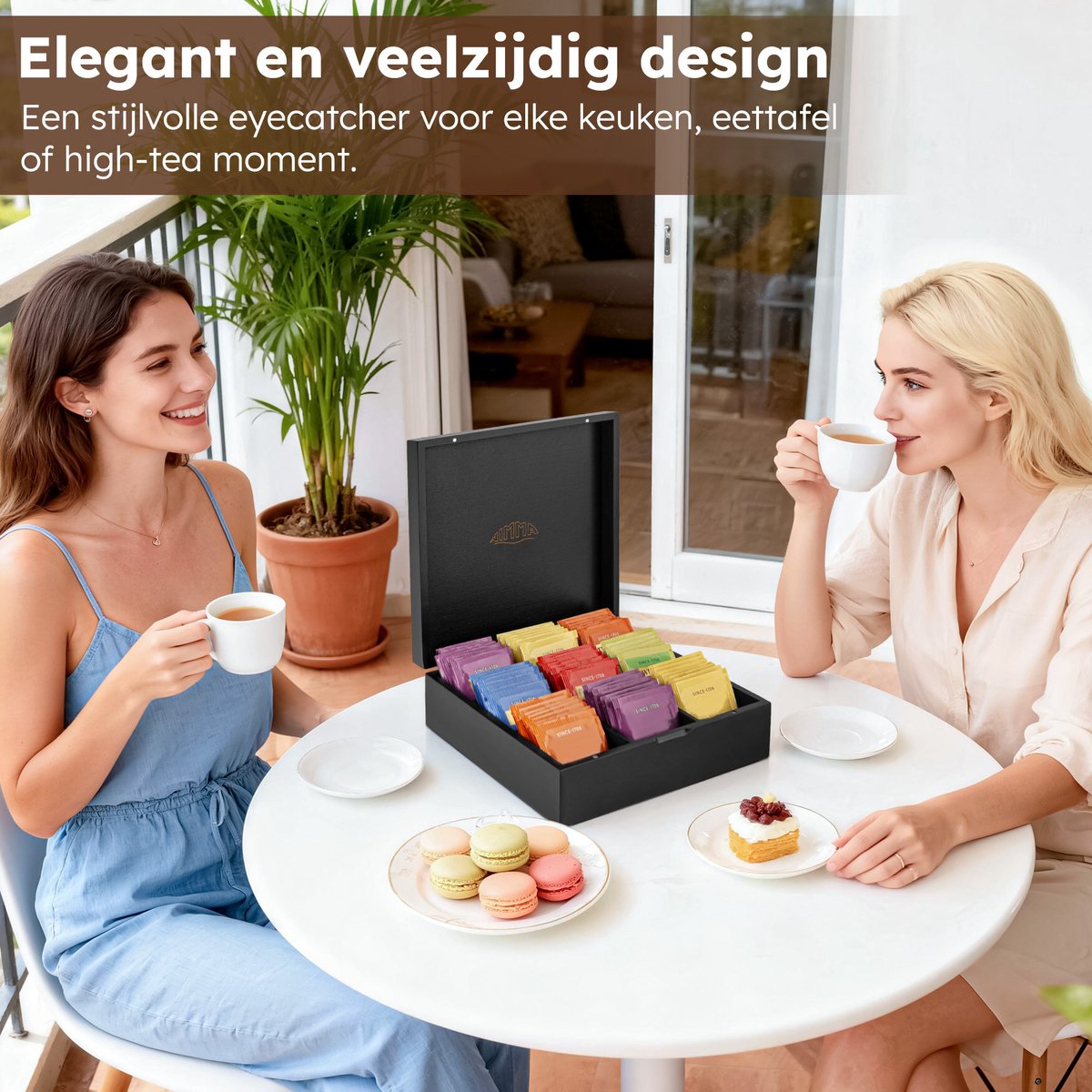 Boîte à thé Nimma - 9 boîtes - Noir - Bois FSC - Avec fermoir magnétique