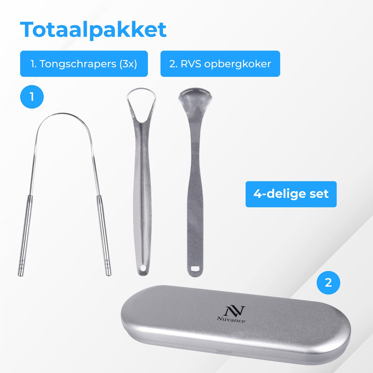Nuvance - Gratte-langue professionnel - Set 3 en 1 - pour les soins bucco-dentaires - Nettoyeur de langue - Gratte-langue - gratte-langue - acier inoxydable