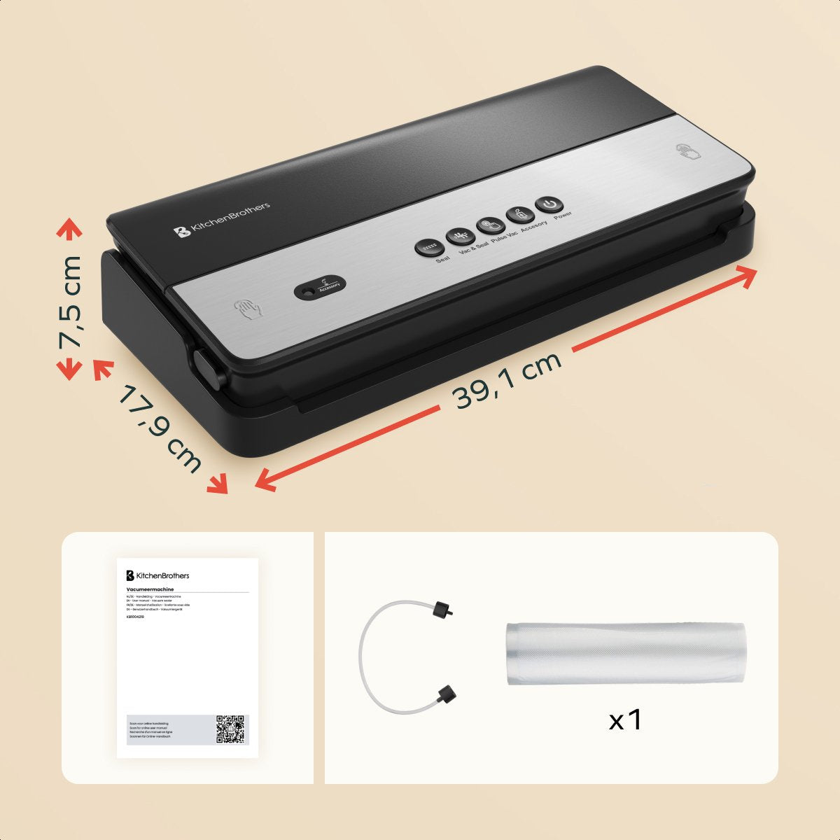KitchenBrothers aspirateur advance - 8L/min - 4 positions - rouleau 28x600cm - noir - compact 39x18x7,5 cm