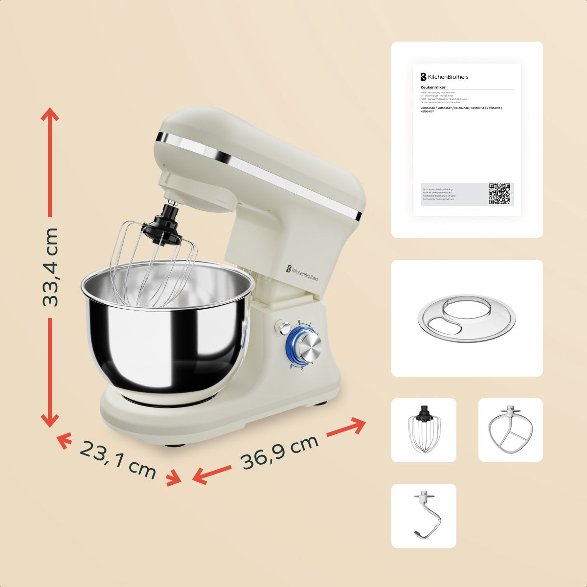 KitchenBrothers Robot de cuisine - 1200W - 5L Bol de mixage - 6 Vitesses + Pulse - Robot de cuisine avec crochet pétrisseur, fouet et crochet mélangeur - Champagne