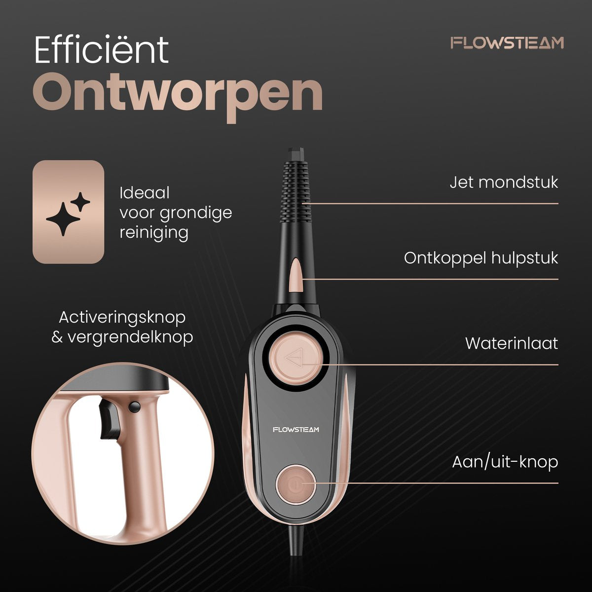 FLOWSTEAM® 9-in-1 Nettoyeur à vapeur portatif - Puissant nettoyeur à vapeur et nettoyeur de taches - 4 bars et vapeur à 110°C - Pour la salle de bain, la cuisine, le canapé et les meubles**.