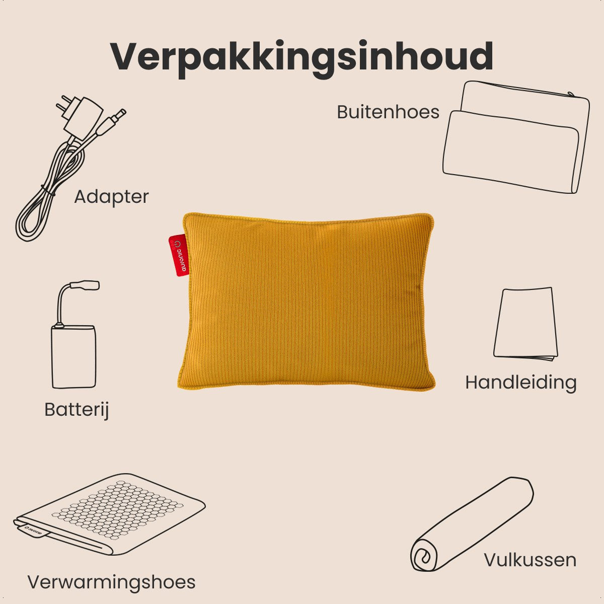 Auronic Wireless Heat Pillow - Tricoté 45x60 cm | Rechargeable et électrique | Chauffage infrarouge | 3 niveaux de chaleur | Jaune