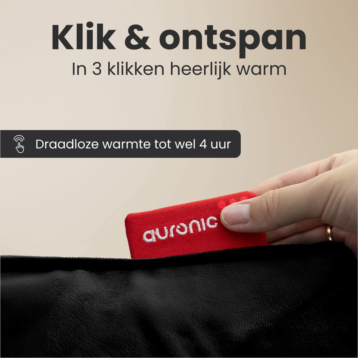 Auronic Heat Pillow - Velvet - 45x45 - Sans fil - Rechargeable - Oreiller électrique - Infrarouge - Noir