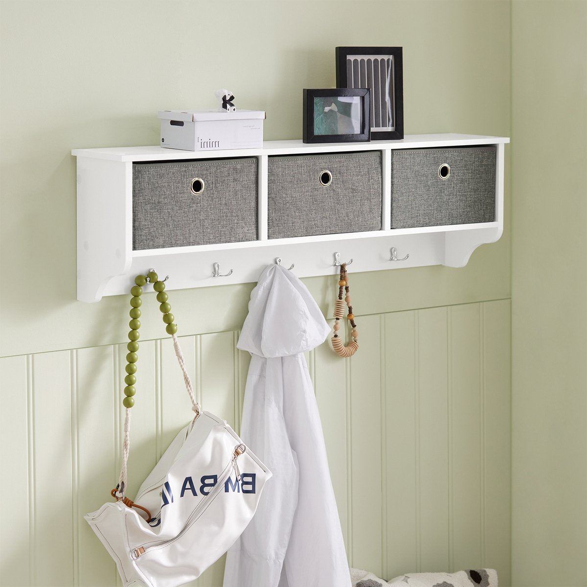 SoBuy FRG282-W Porte-manteau mural avec 3 tiroirs - Porte-manteau avec 5 crochets et rangement, porte-manteau mural, blanc-gris, 100x20x30cm