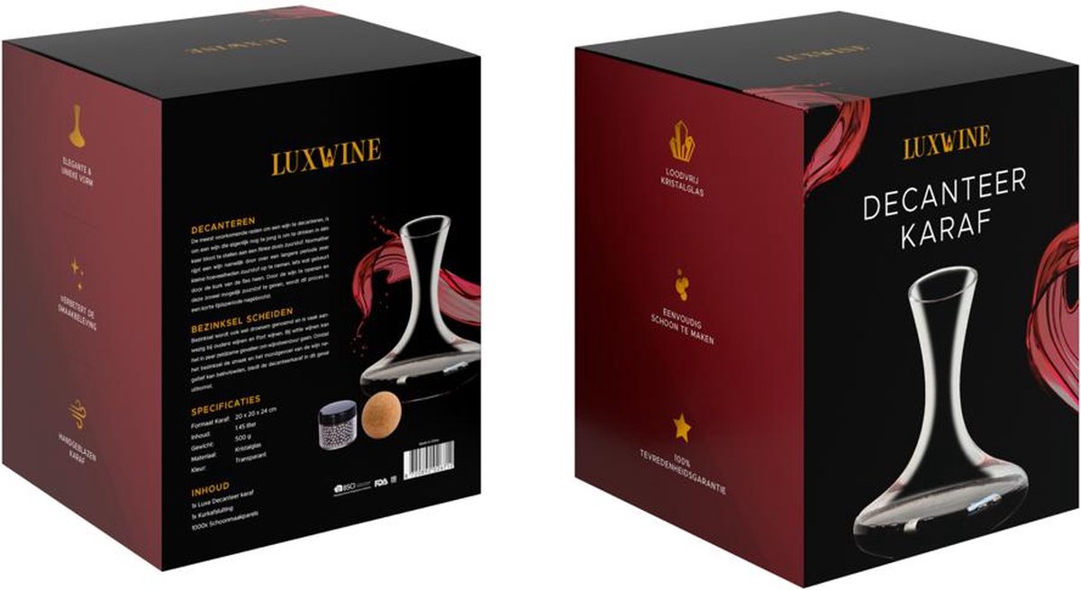 Luxwine Decanter - Carafe à vin - 1,45L - 1000 perles de nettoyage incluses - Bouchon en liège inclus - Verre en cristal - Design élégant