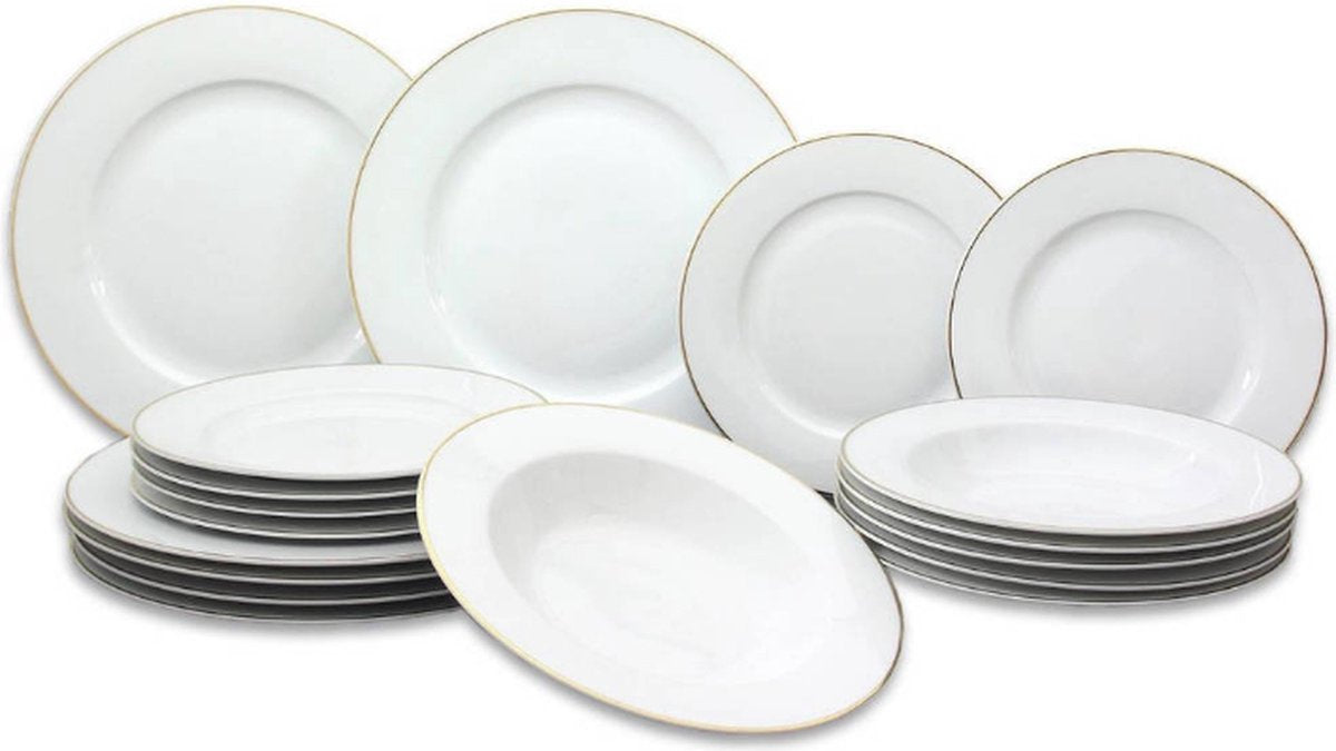 Studio Tavola Service de vaisselle 18 pièces Blanc avec bord doré - 6 assiettes plates Ø 27.5 cm, 6 assiettes creuses Ø 21.5 cm, 6 assiettes à déjeuner Ø 20.5 cm