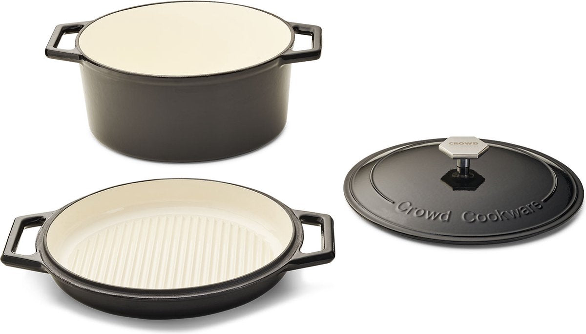The Tasman Dutch Oven and Grill - Marmite en fonte Ø29 cm - Fonte recyclée - Couvercle traditionnel et grill - 6,6L - Noir