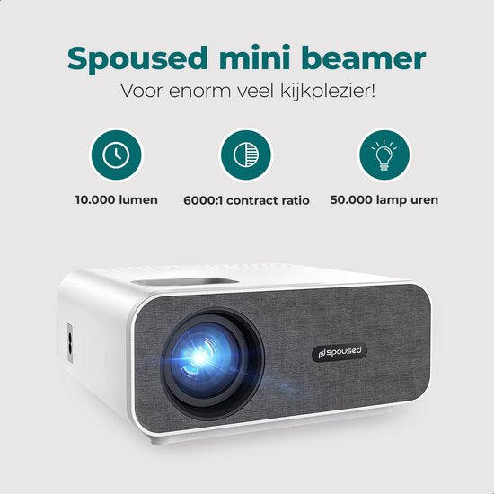 Spoused Beamer - Full-HD - 10 000 Lumens - Streaming depuis votre téléphone avec WiFi - Mini Beamer - Blanc