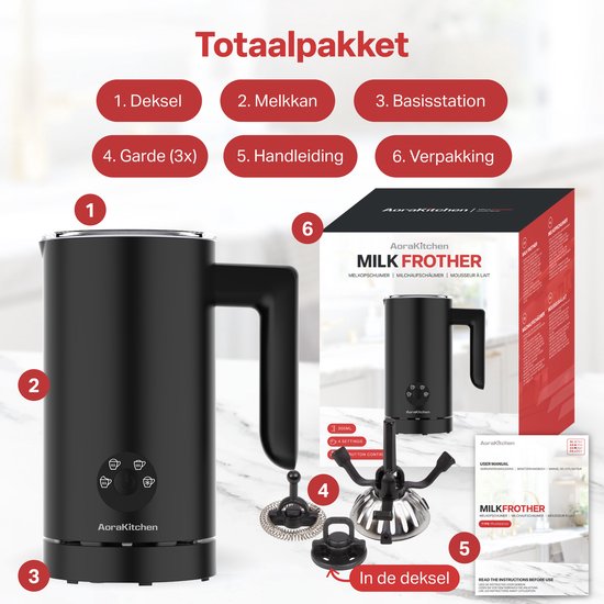 Mousseur à lait AoraKitchen - 300 ml - Mousseur à lait - Acier inoxydable - Électrique - 4-en-1 - Revêtement antiadhésif - 500 W