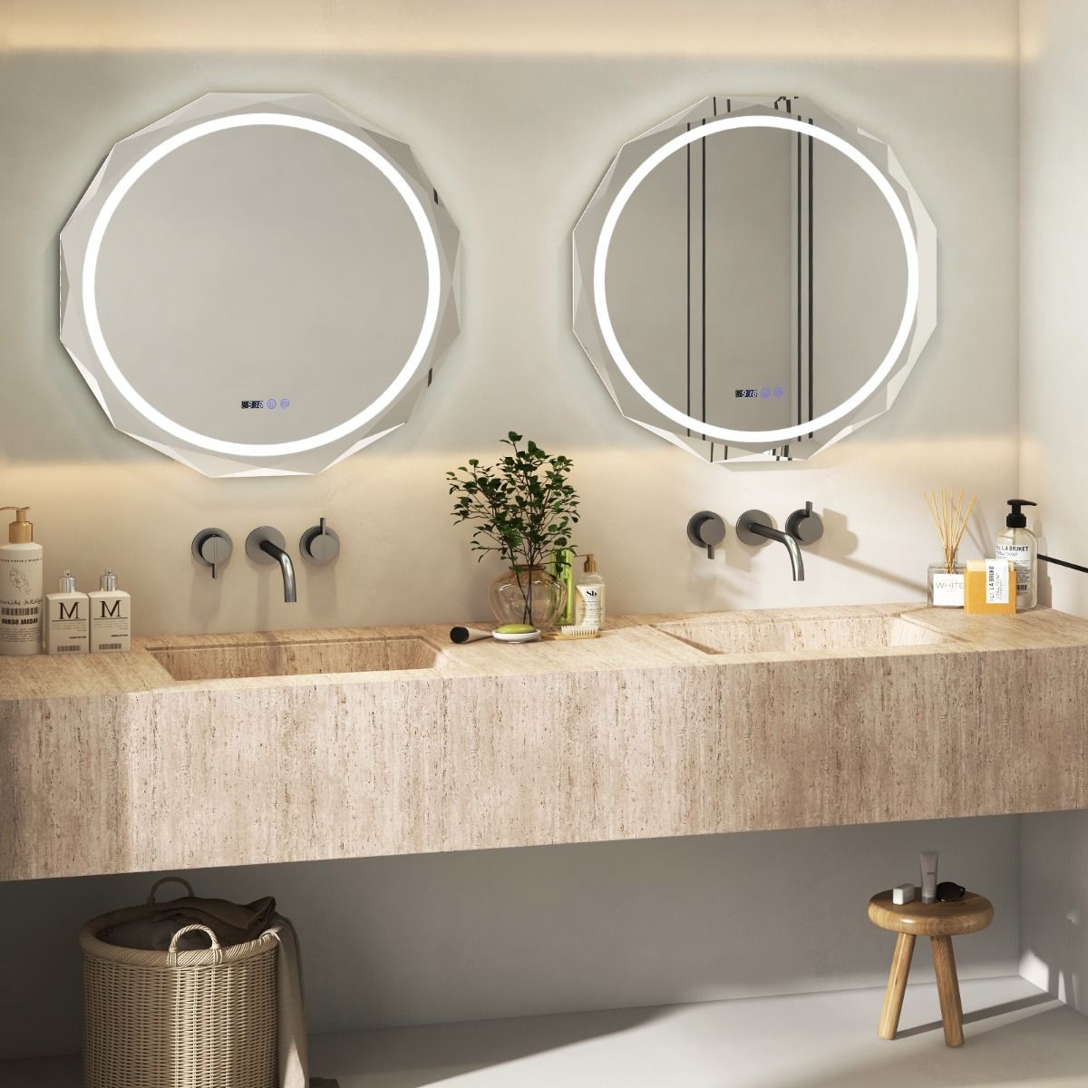 Coast LED Bathroom Mirror 76x76 cm Silver/White avec anti-buée, éclairage, horloge et affichage de la température