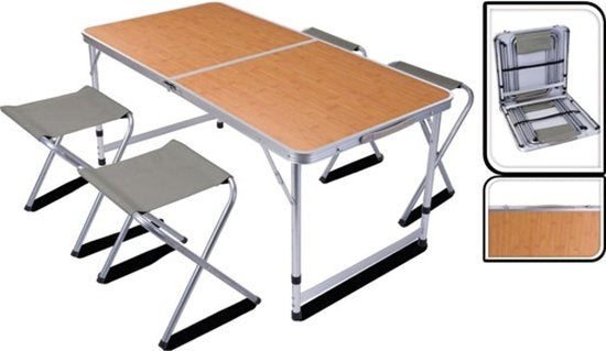 Table de camping - Redcliffs - avec 4 chaises - Relax Living - 120 x 60 x 40cm - Gris/Bois