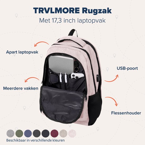 TRVLMORE Sac à dos - 36L - 17 Inch - Sac à dos pour ordinateur portable avec USB - Cartable - Homme et Femme - Sac Rose