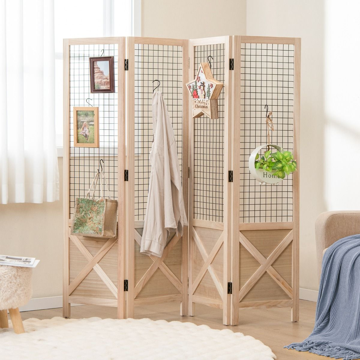 Coast Séparateur de pièce en bois pliable Grille murale 4 pièces - 151 x 144 cm - Naturel