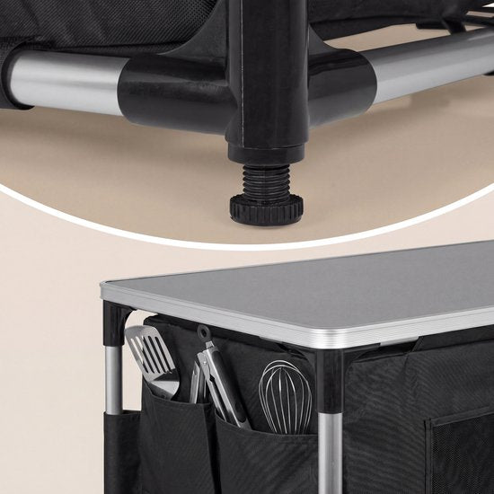 Armoire de camping pliable Tristar – Structure en aluminium – 3 étagères – Pieds réglables – Poches latérales – Sac de transport inclus – Noir - CU-0809