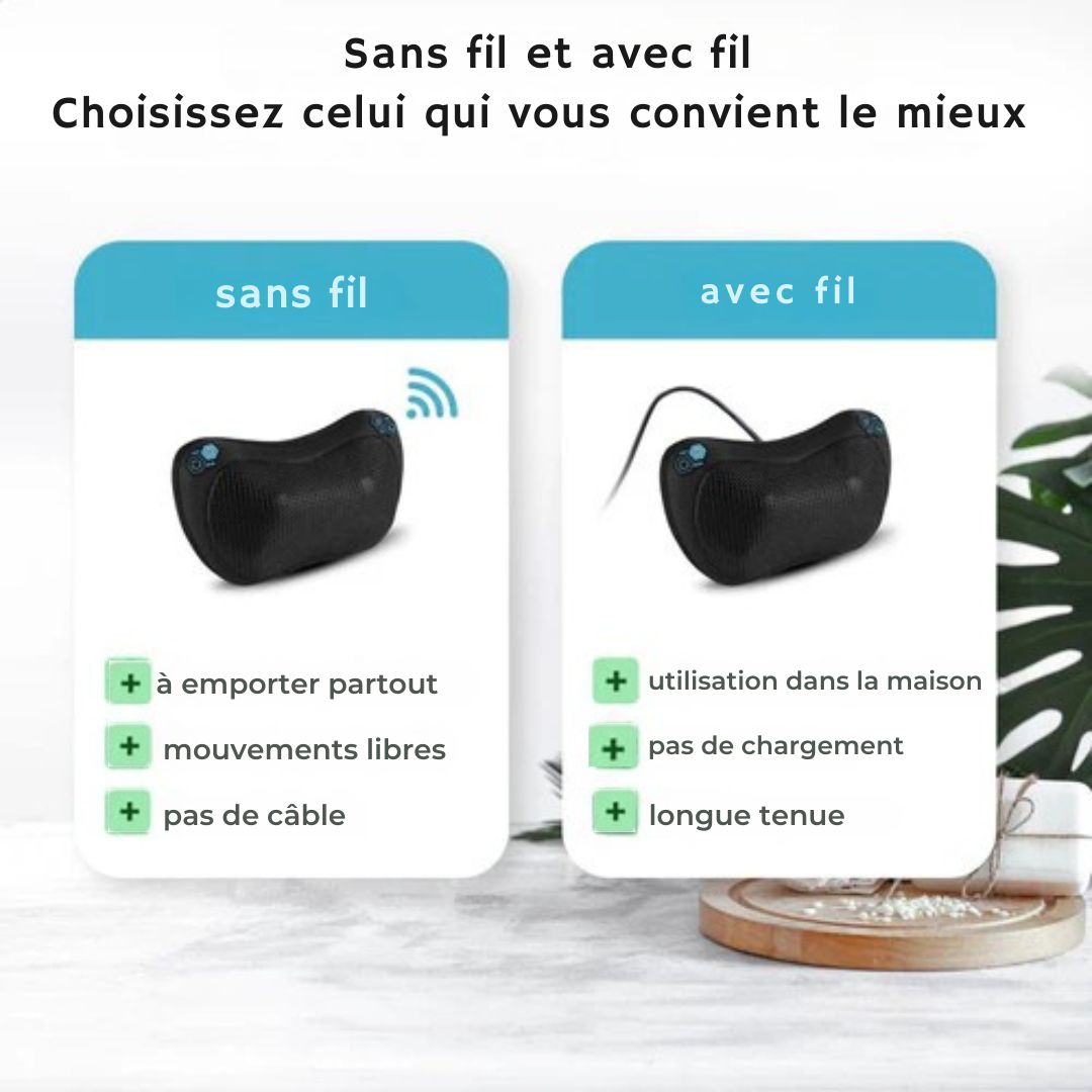 Coussin de massage sans fil - Qumax - Rechargeable - Fonction chaleur - Coussin de massage shiatsu électrique - Noir