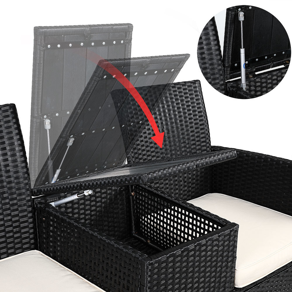 Banc de jardin Casaria Polyrattan - 2 places, table et coussins inclus - Noir
