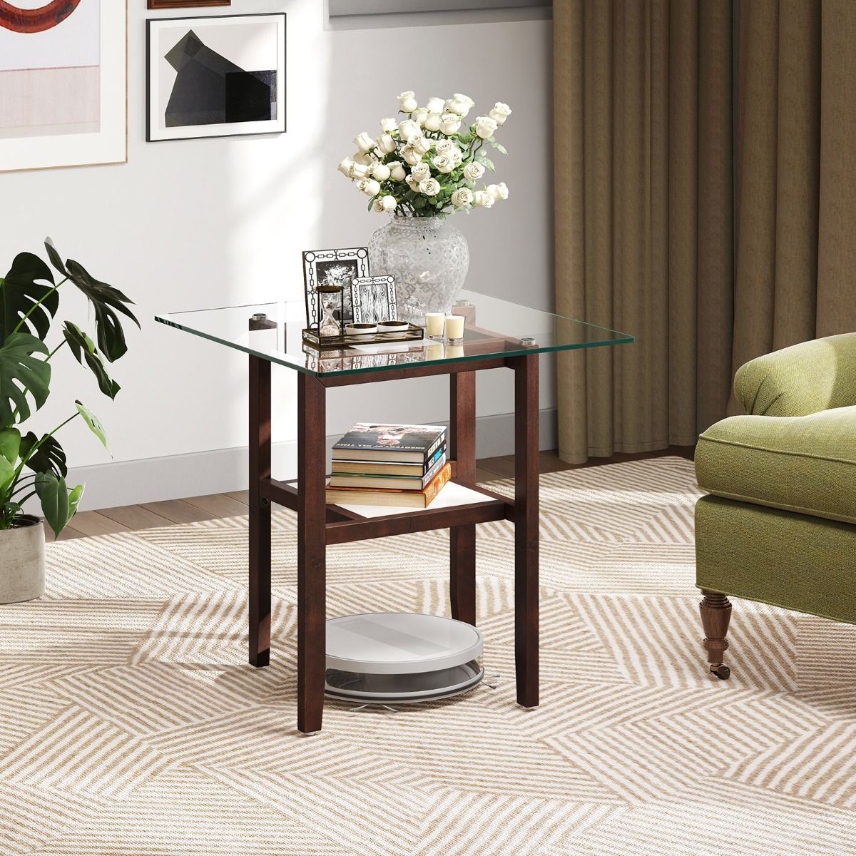Coast Square Glass Side Table 61x61x62.5 cm Brown with Rubberwood Frame and Two Storage Levels