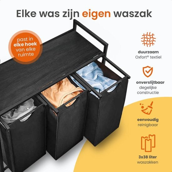 Goliving Trieur de linge - Panier à linge avec 3 compartiments - Boîte à linge - Textile Oxfort/Métal/Bois - 3 x 38 Litres - 25 x 92,5 x 71 cm - Noir