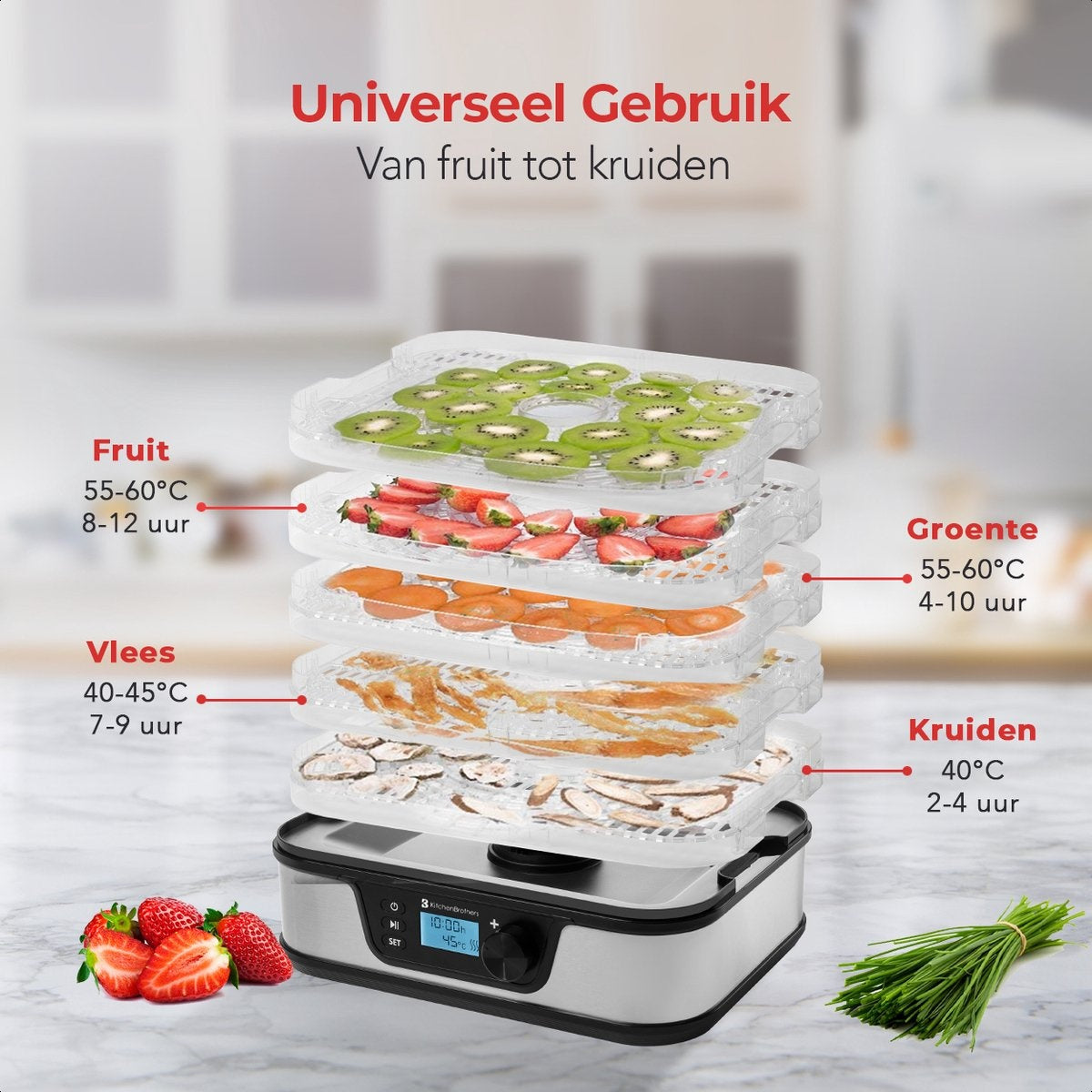 Séchoir à aliments - KitchenBrothers - électrique 380W - 5 couches - 9 niveaux de chaleur - 35°C à 75°C - minuterie - acier inoxydable/noir