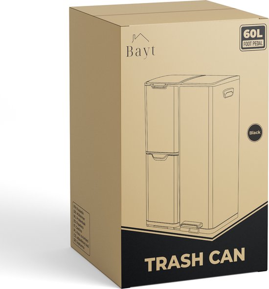 Bayt Poubelle - Poubelle 60 litres - Poubelle 60 litres - Poubelle à pédale 60 litres - Poubelle tri sélectif - Poubelle 3 compartiments - Poubelle - inox - Noir