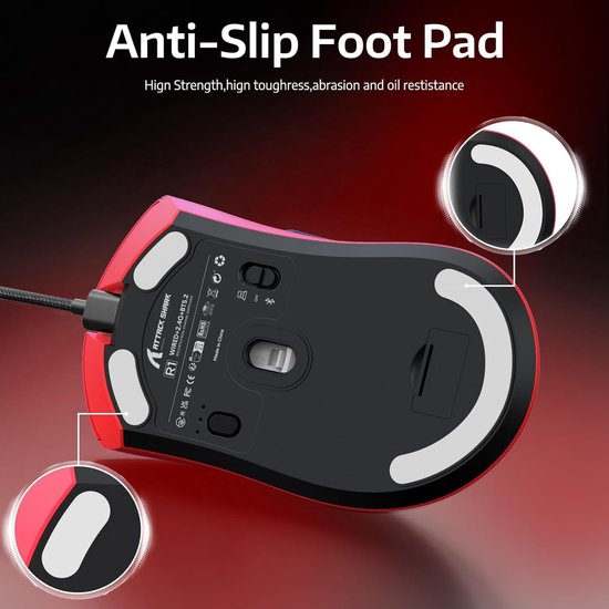 ATTACK SHARK R1 Superlight Gaming Mouse 59g - Rouge - 12.2 × 6.4 × 3.8 cm - Sans fil et filaire - Jusqu'à 18 000 DPI - 65 heures d'autonomie de la batterie