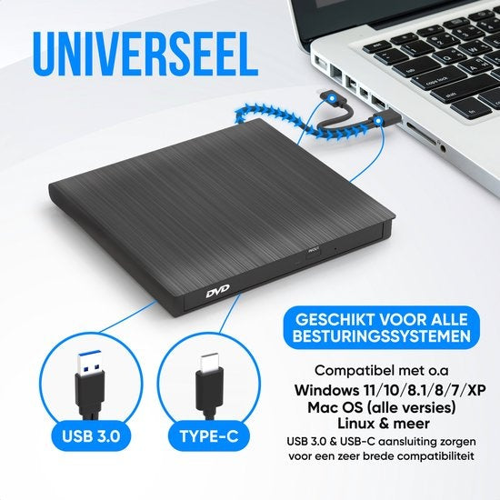 Strex External DVD Player And Burner - Avec pochette - CD/DVD - Plug & Play - USB 3.0 DVD Player - Convient à Windows, Mac et Linux - Lecteur optique
