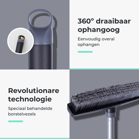 CLEANLY Balai intérieur et extérieur avec manche télescopique 115-142 cm - Brosse avec manche - Balai de rue - Balai de salle - Balai de salle - Balai doux - Balai d'intérieur - Largeur 35 cm - Noir, Gris