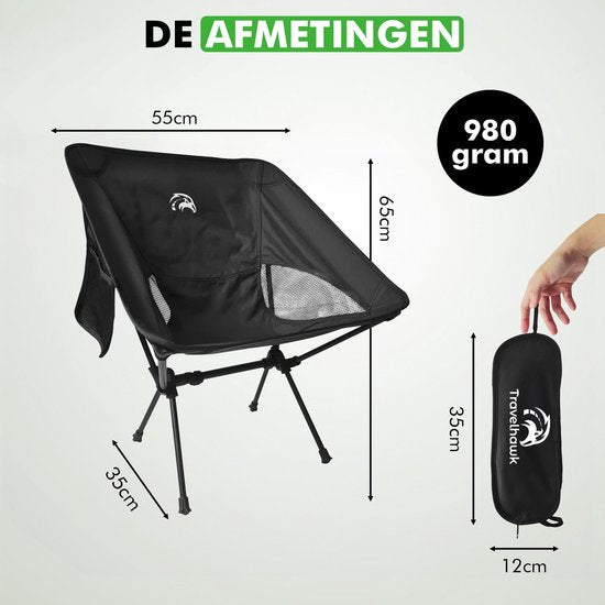 Travelhawk Chaise de camping - Chaise de plage - Chaise de plage pliable - Chaise de pêche - Chaise pliante - Pliable - Légère - Noire