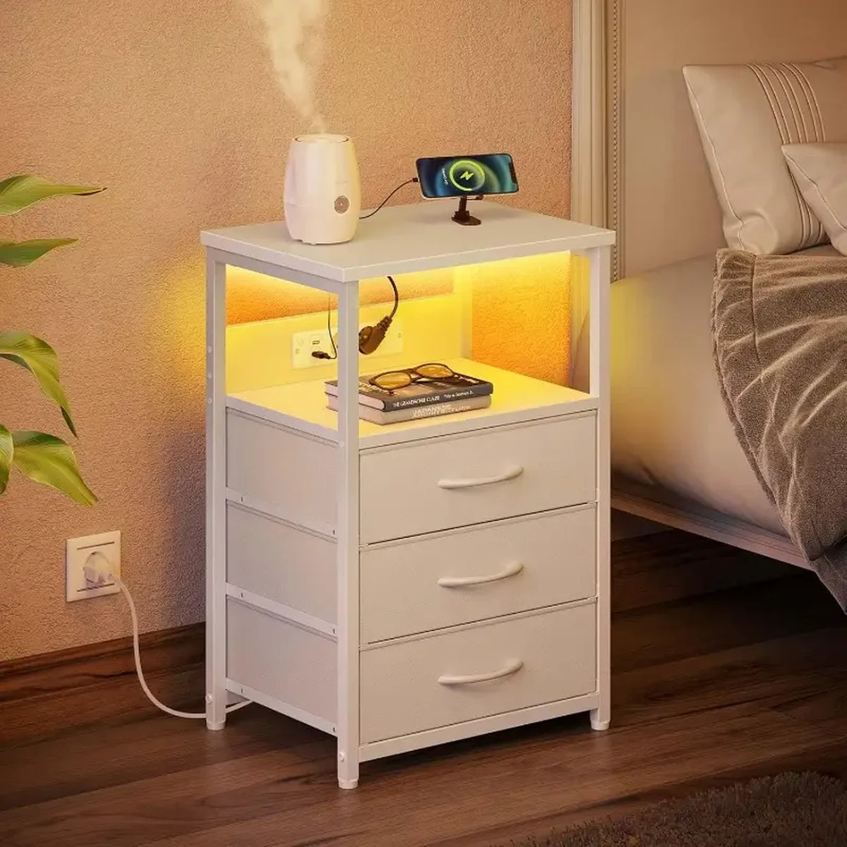 Table d'appoint Seventable avec tiroirs en tissu - Prise électrique et éclairage intégrés - Blanc mat
