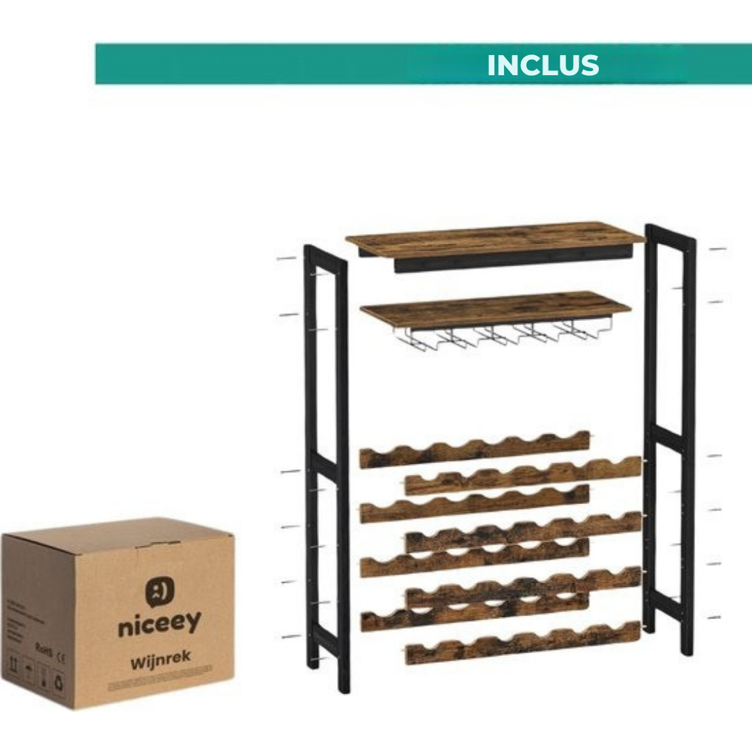Casier à vin Niceey - Pour 24 bouteilles et 15 verres - 66 × 30 × 100 cm - bois/métal