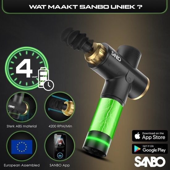 Sanbo Massage gun Elite - Massage sportif et relaxant - Noir/Or - Professionnel 30 étapes - Avec étui - Avec APP - Pistolet de massage - Appareil de massage - Fitness