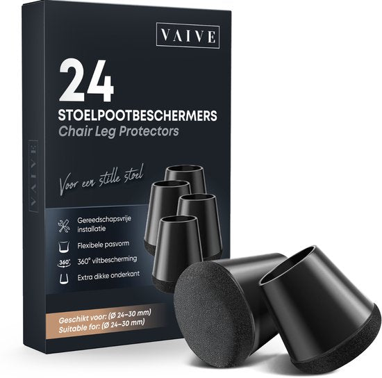 Vaive Protège-jambes de chaise rond avec feutre - 24 pièces - Protège-jambes de chaise Ø24-30 mm - Protection du sol pour les chaises - Noir